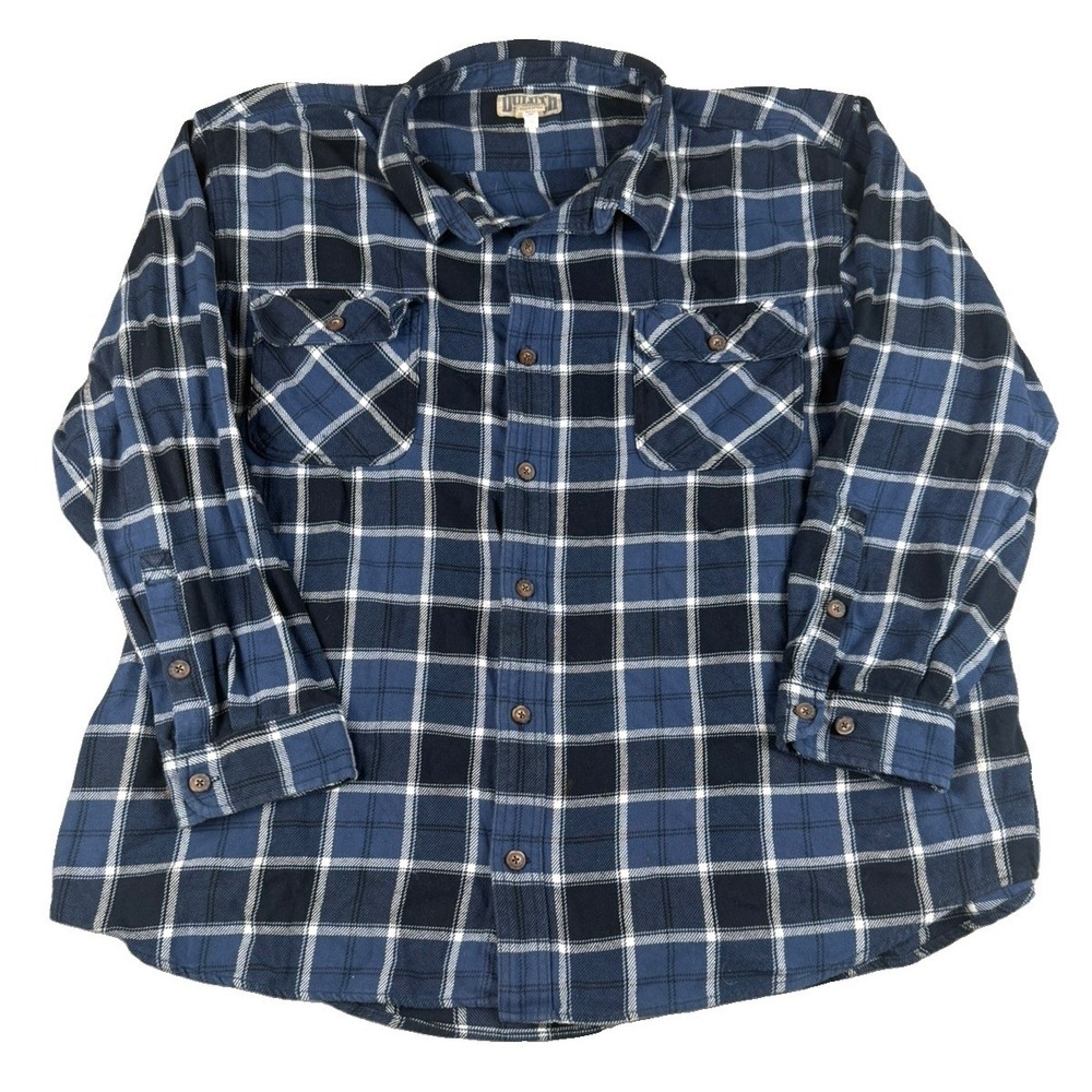 Duluth Trading Mens 4XL Flannel Shirt Blue Plaid 100% Cotton Long Sleeve